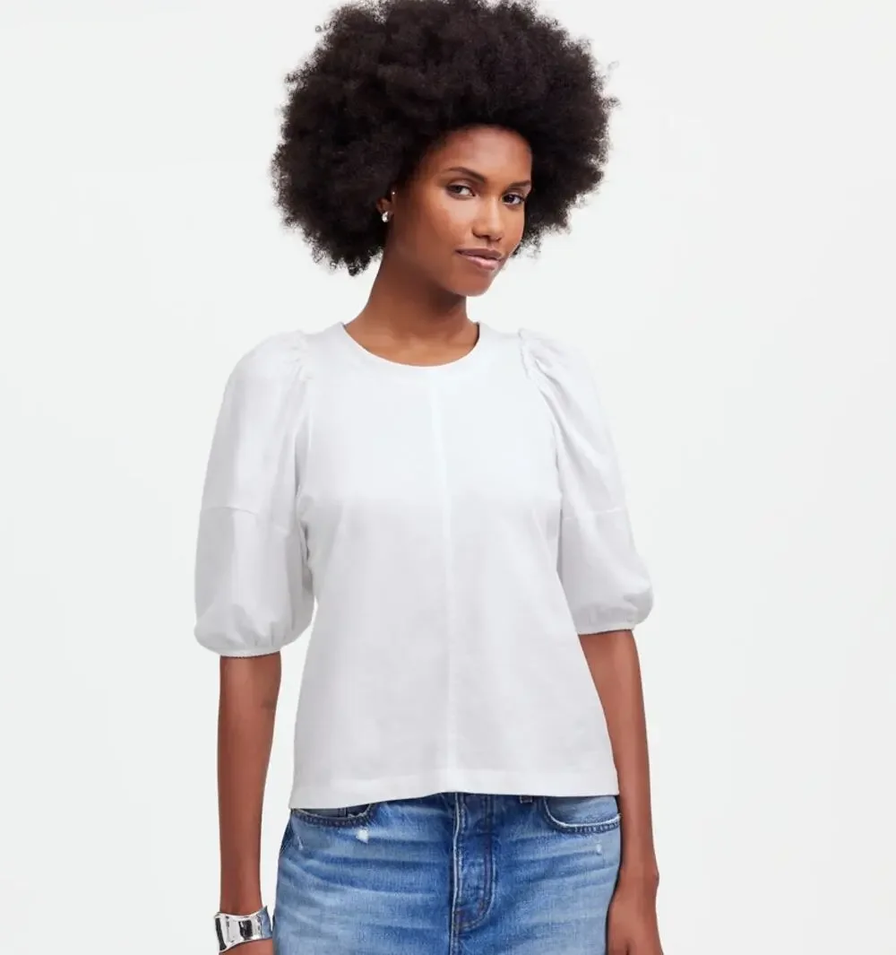 Madewell Puff-Sleeve Tee Womens S White Crew Neck Cotton Relaxed Fit Ruffle Trim